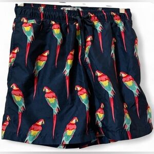 Free Planet Men’s Dark Blue Parrot Print Swim Trunks – Size S Summer Beachwear